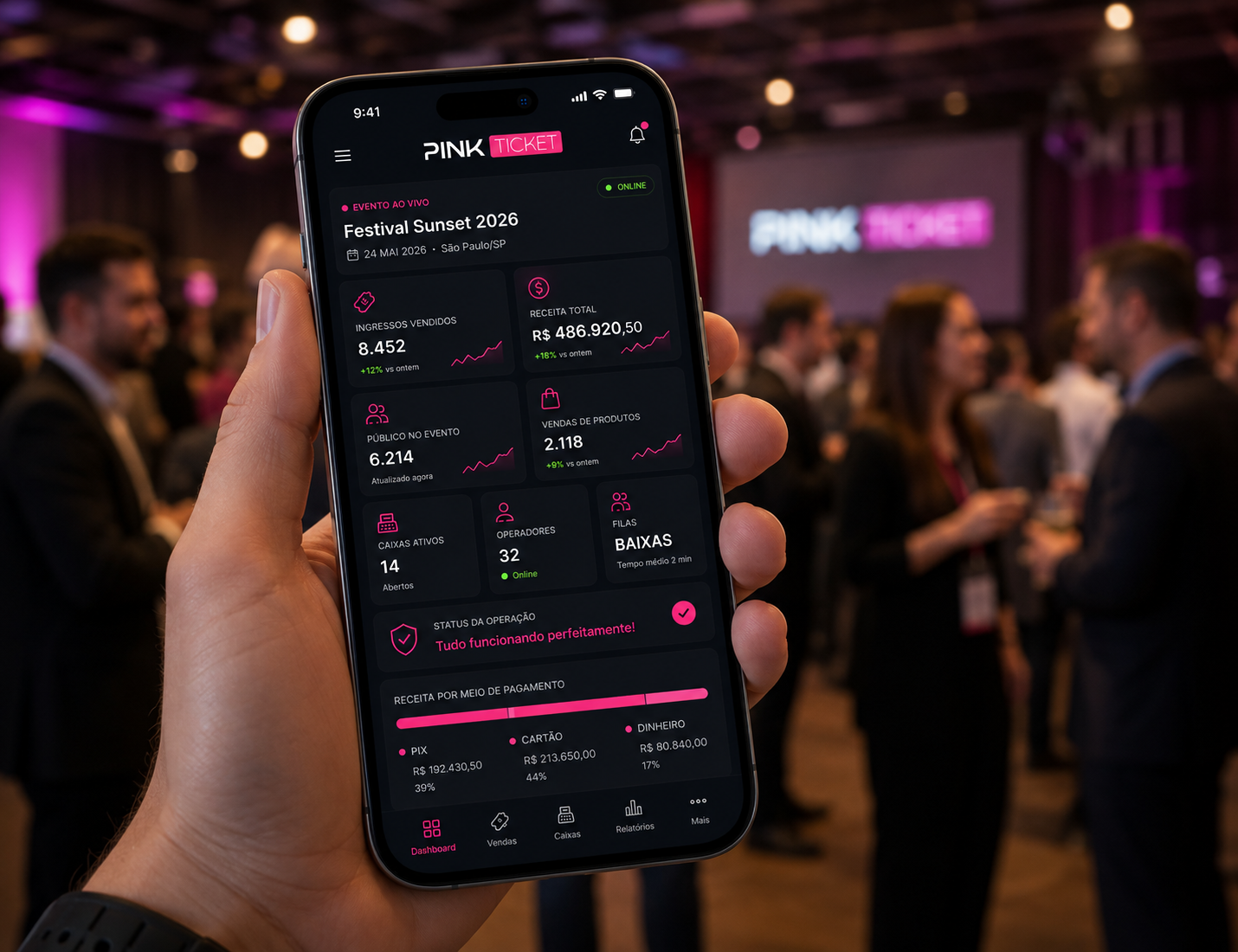 Painel do Pink Ticket em um celular durante um evento