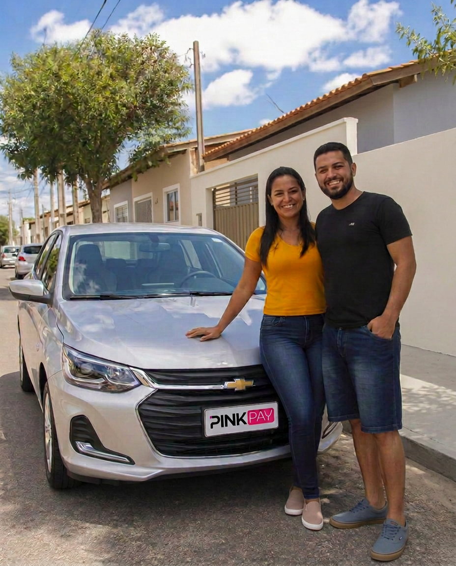 Casal ao lado de um carro compacto popular