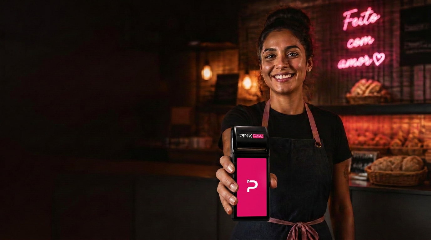 Empreendedora sorrindo com a maquininha Pink Pay no balcão da sua loja